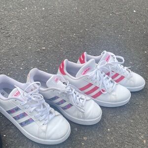Like new adidas sneakers, pink stripe (7), flowered striped (7 1/2).$20 for both